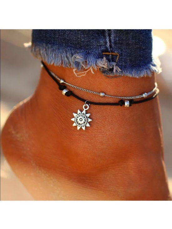 Jewelry - Nautical Compass Silver Toned Black Rope Anklet